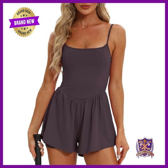 Women's Sleeveless Athletic Romper Spaghetti Strap Double Lined Shorts Jumpsuit - Picture 6 of 7